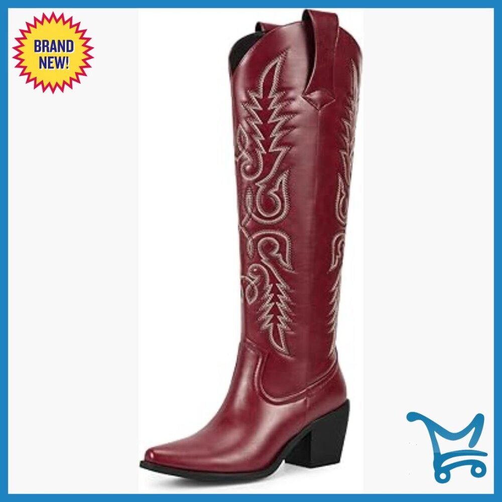 Women's Knee-High Cowboy Boots Pointed Toe Faux Leather Western Style